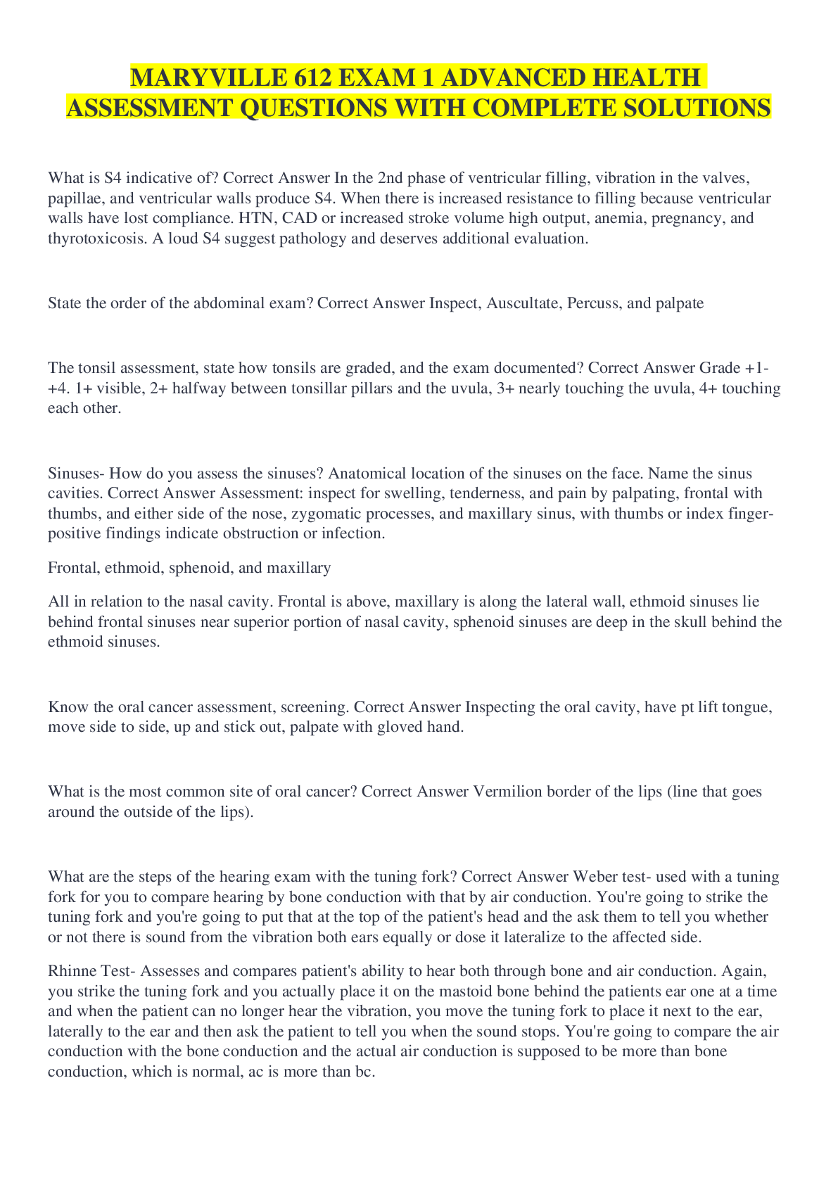 Preview image for MARYVILLE 612 EXAM 1 ADVANCED HEALTH ASSESSMENT QUESTIONS WITH COMPLETE SOLUTIONS